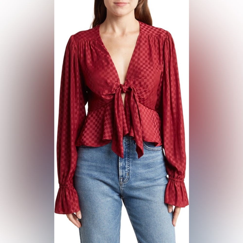 WAYF Tie Front Peplum Top